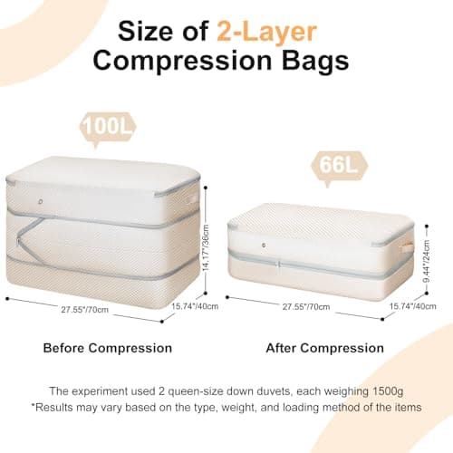 DIMJ 2 Pack Self-Compression Storage Bags 200L - Heavy Duty Duvet Organiser with Air Valves, Compress Bedding from 100L to 66L per Bag for Wardrobe, Travel & Moving | No Pump Space Saver (Beige) — view 2
