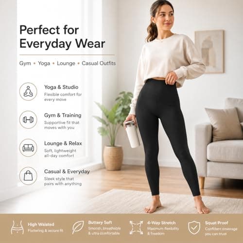 Women’s Cotton Rich High Waisted Leggings with Pockets, Full Length Ladies Stretch Leggings, Soft Comfortable Gym Yoga Lounge Wear Skinny Trousers for Everyday Casual Wear Black — view 5