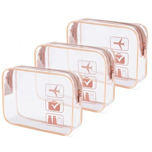 MODENGKONGJIAN TSA Approved Clear Travel Toiletry Bag, Rose Gold, 7.7 x 5.9 x 2.5 inch, Clear Toiletries Bags