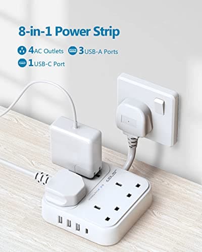 JSVER Plug Extension USB,Extension Lead with 4 USB Slots(3 USBA+1 USB C) Power Socket with 4 Way 4 USB Charging Station(17W) Power Strip Surge Protection for Home Travel,White — view 2