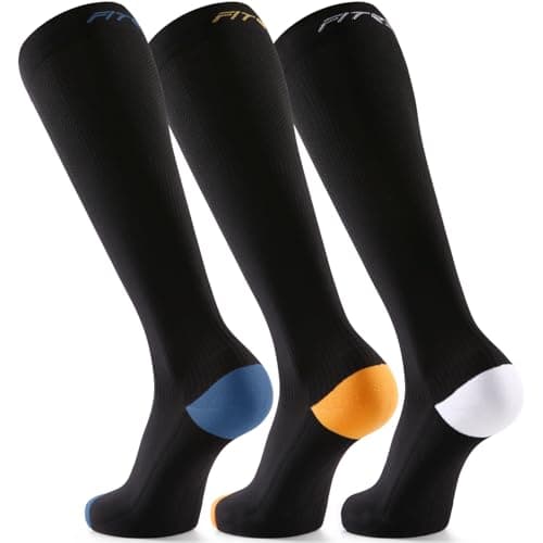 FITRELL 3 Pairs Compression Socks for Women and Men 20-30 mmHg Travel Flight Socks Medical Knee High Socks for Sport, Flying, Carers, Nurse, Pregnant Women, Varicose Veins, White+Orange+Blue, S/M