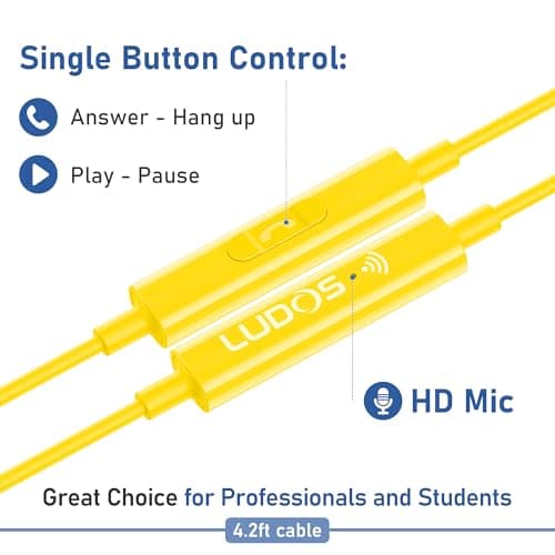 Ludos ZENITH Wired Earbuds in-Ear Headphones, 2 Year Warranty, Earphones with Microphone, Corded for 3.5mm Jack Ear Buds for iPhone, Samsung, Computer, Laptop, Kids, School Students, Woman - Yellow — view 4