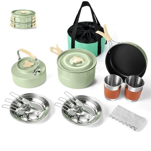 Odoland Camping Cookware Set Non-Stick Pot and Pan Set with Kettle, Stainless Steel Utensils Mess Kit, Cups Plates Knives Spoons Forks for Outdoor Cooking — view 2