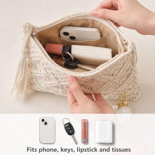 Voskilon Straw Bags for Women, White Cotton Woven Crochet Bag with Metal Shell Keychain, Small Boho Crossbody Handbag for Summer Beach Holiday, Travel, Shopping, Music Festivals, Dates and Daily Use — view 6
