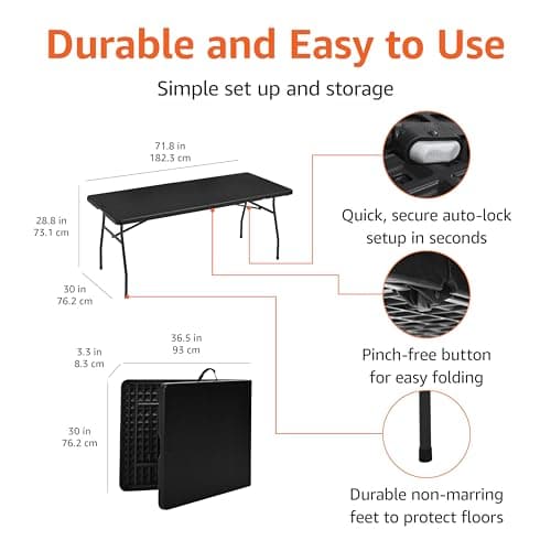 Amazon Basics 6 Foot Rectangular Folding Table with Carrying Handle, Indoor & Outdoor, Portable, Lightweight, Travel Table, Picnic, Camping, Black, 182 x 75 x 73 cm — view 2