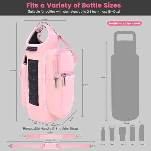 icolor Gym Magnetic Bag Water Bottle Carrier Holder with Strap & Phone Pockets, Diameter 3.9" Magnetic Gym Bag 5 Built-in Magnets Gym Accessories Organizer Pouch Sling Sleeve (Neoprene, Pink) — view 3