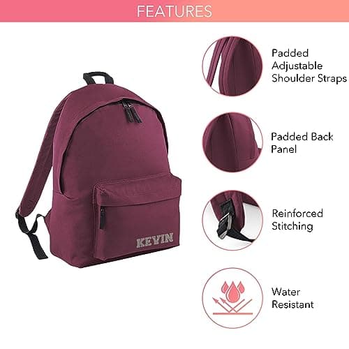 Print Maniacs Personalised School Backpack Large 18L Kids Travel Rucksack Junior Shoulder Collage Rucksack Back To School Lunch Swimming P.E Laptop Book Bag Small Name (Burgundy) — view 4