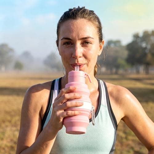 Embhlitfe Collapsible Water Bottle,Silicone Folding Water Bottles Foldable Water Bottle with Carabiner,Silicone Water Bottle for Women Men Sports Travel Hiking Camping Outdoor Activities (Pink) — view 6