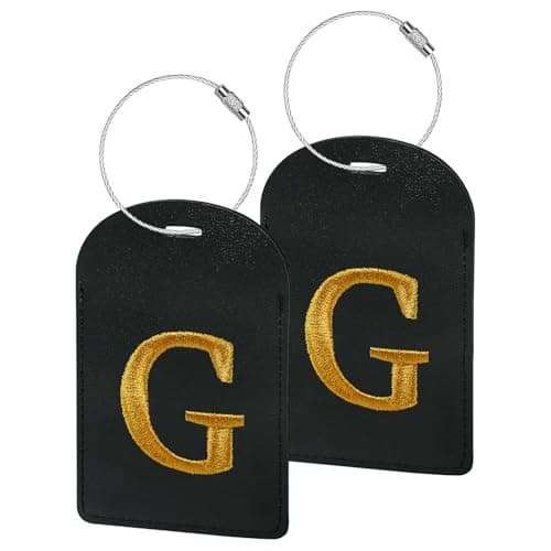Gloppie 2 Pack PU Leather Luggage Tags, Waterproof Baggage Labels with Initial Letter, ID Name Card for Suitcase & Travel Bag 70x110mm - G