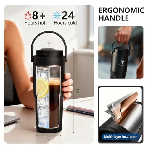 KANGZY Coffee Cup Travel Mug 600ml – Stainless Steel Insulated Water Bottle, 2-in-1 Lid, Vacuum Thermal Cup, Leak-Proof Design, Keeps Drinks Hot 8H+ / Cold 24H – Work, Travel & Car (Jet Black) — view 3