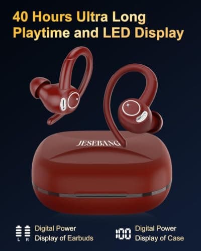 Sports Wireless Earbuds with EarHooks HiFi Stereo Sound, Elegant Red — view 6