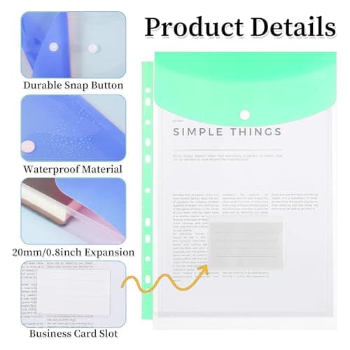 FITULABO 12 Pack Plastic Wallets A4 Punched Poly Pockets, Expanding Document Folders with Button & Label Pocket, Multicolour PVC File Sleeves for School, Home & Office — view 3