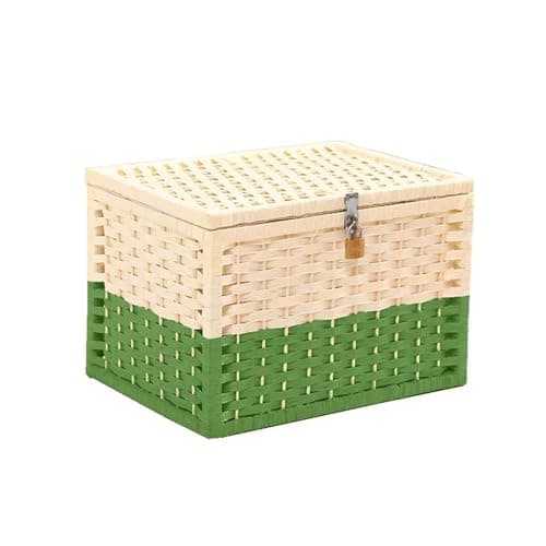 Boot Organizers Car Trunk Storage Box Fashion Straw Plaited Basket Auto Interior Stowing Tidying Supplies Road Trip Cars Storage Boxes with Lock (Color : WHITE)