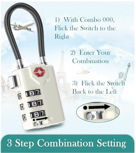 TRAVOCE TSA Approved Luggage Locks - Heavy Duty 4 Digit Combination Cable Lock with Search Alert for International Travel, Suitcases, Golf Bags, Backpacks, Camera Cases, Violin and Tents, White 2 Pack — view 6