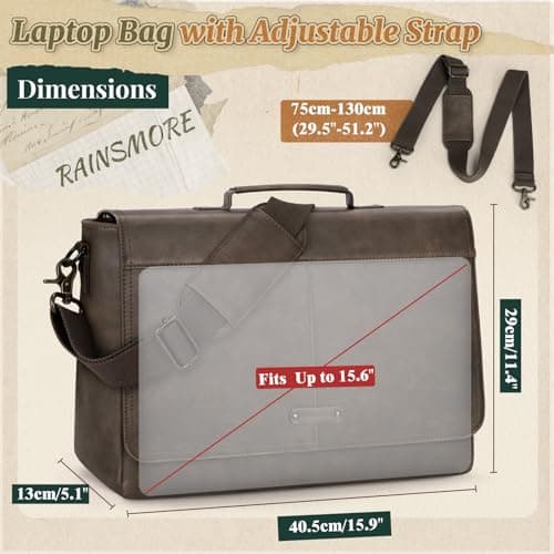 RAINSMORE Laptop Messenger Bag 15.6 Inch, Waterproof Vintage Leather Briefcase for Men, Large Capacity Professional Satchel for Business Travel University Dark brown — view 6