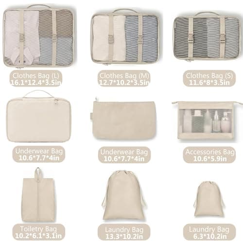 9 Set Packing Cubes for Suitcases, Cream Travel Luggage Organizer Bags Essentials with Shoe Cosmetics Toiletry and Laundry Pouches for Women Men — view 2