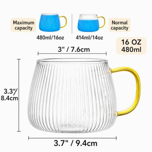 AVLA 6 Pack Glass Coffee Mugs, 16OZ/480ML Unique Vertical Stripes Coffee Cup, Clear Large Tea Glasses with Handle, Vintage Transparent Glassware for Hot/Cold Beverages, Cappuccino, Latte, Juice — view 2