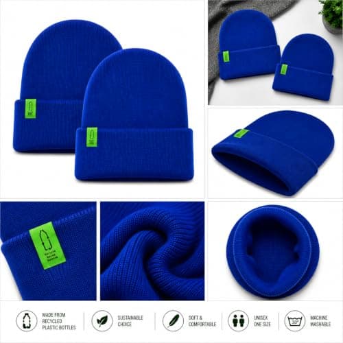 3CUBE Recycled Polyester Roll-Up Beanie Hats, Pack of 2, Unisex Winter Knitted Hats, Made from Recycled Plastic Bottles, One Size – Black, Navy and Royal Blue (Royal Blue) — view 2