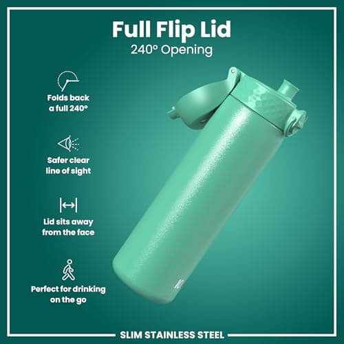Ion8 Lightweight Steel Water Bottle, 600 ml/20 oz, Non-Insulated, Leak Proof, Easy to Open, Secure Lock, Dishwasher Safe, Flip Cover, Fits Cup Holders, Carry Handle, Metal Water Bottle, Teal Green — view 5
