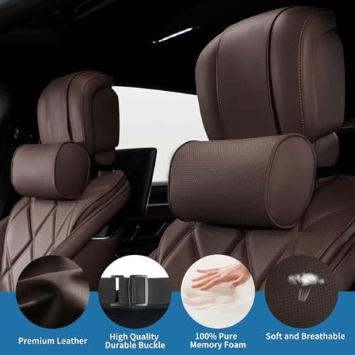 Dapucarin Car Headrest Pillow for Driving - Luxury Leather 100% Memory Foam, Ergonomic Neck Support - Universal Fit Head Rest Travel Pillow for Most Cars, Home & Office, Brown, 1 Pack — view 3