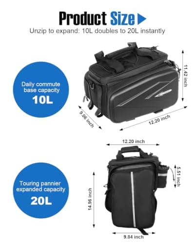 NDakter Bike Bags, 20L Waterproof Insulation Bike Panniers for Rear Rack, 3 in 1 Expandable Ebikes Trunk Bag, Reflective Electric Bike Saddle Panniers with Rain Cover (20L EVA Hard Shell) — view 4