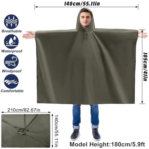 Dr.Fish Waterproof Rain Poncho for Adults, Lightweight Hooded Rain Coat Jacket with Pockets, Breathable Ripstop Rainwear for Hiking Camping Cycling, Packable with Storage Bag Green-Sliver — view 2
