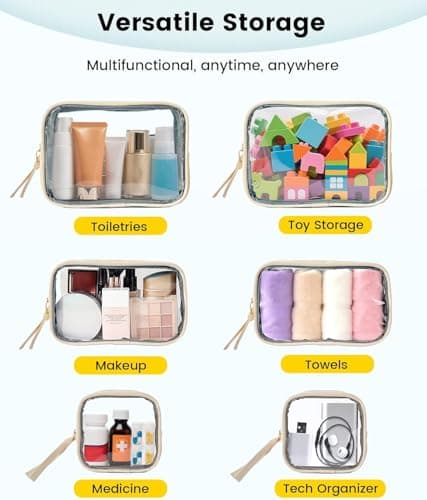 3-Piece Travel Makeup Bag Clear Waterproof Toiletry Bag Set Large, Medium Small Sizes Travel Toiletry Organizer Pouch Cosmetic Storage for Bathroom (Beige) — view 4