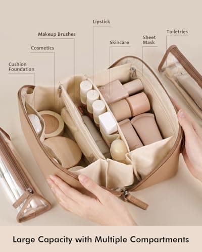 Prite 3 Pcs Travel Makeup Bag Set for Women with 2 Clear TPU Pouches, Brown — view 2