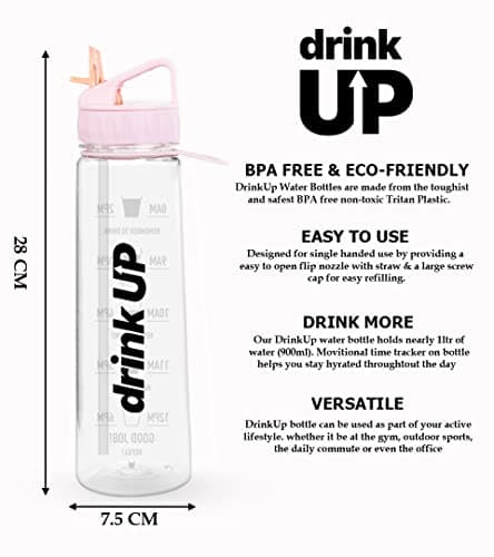 DrinkUp Motivational Water Bottle with Time Markings & Straw 900ml | Leak-Proof BPA-Free Hydration Tracker | Ideal for Gym, School, Office, Hiking & Cycling | Women & Men — view 4