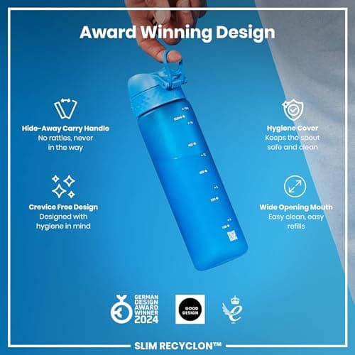 Ion8 Water Bottle, 500 ml/18 oz, Leak Proof, Easy to Open, Secure Lock, Dishwasher Safe, BPA Free, Hygienic Flip Cover, Carry Handle, Fits Cup Holders, Easy Clean, Carbon Neutral, Blue — view 6