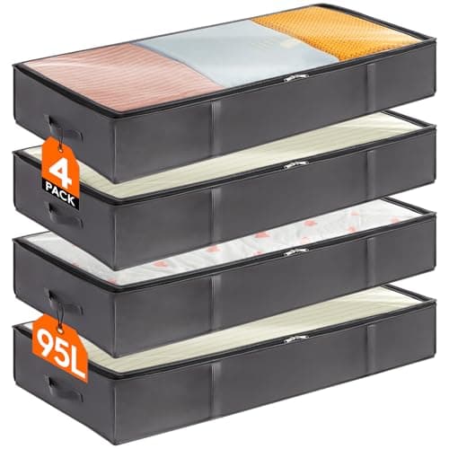 Lifewit 4 Pack 95L Under Bed Storage, Underbed Storage Boxes with lid Clothes Storage Bag Wardrobe Storage Organiser with Reinforced Handle, PVC Window for Duvet, Blanket, Clothing, Shoes, Grey