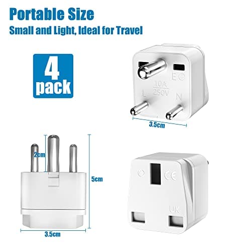 PABANCE 4 Pack 3 Pin UK to India Plug Adapter, UK to India/Sri Lanka Travel Adapter, Type D Plug Adapter, for India, Sri Lanka, Pakistan, Yemen(White) — view 4