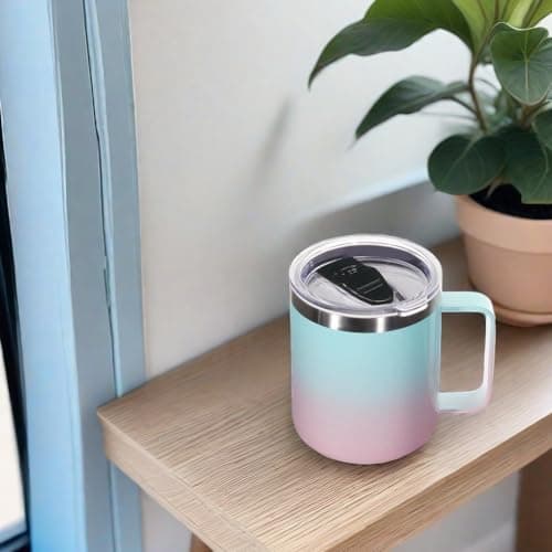 Volhoply 14oz Insulated Stainless Steel Coffee Mug with Leakproof Lid,Double Wall Vacuum Travel Coffee Cup with Handle,Reusable Metal Tumbler,Camping Mugs Keep Hot,Christmas Gifts(Green Pink,1) — view 5