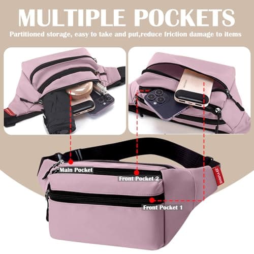 Risipu Bum Bag for Men Women, Lightweight Water-Resistant Waist Packs with Adjustable Belt & 3 Zipper Pockets, Fashionable Fanny Pack for Travel, Running, Hiking, Cycling (Pink) — view 4