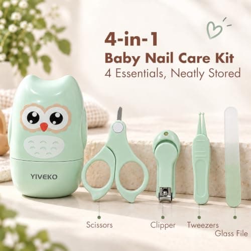 YIVEKO Baby Nail Kit, 4-in-1 Baby Nail Care Set with Cute Case, Baby Nail Clippers, Scissors, Nail File & Tweezers, Baby Manicure Kit and Pedicure kit for Newborn, Infant, Toddler, Kids-Owl Green — view 6