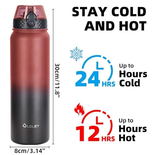 OLDLEY Stainless Steel Water Bottle with Straw 1L Vaccum Insulated Large Drink Flask Metal Water Bottles 1 Litre Leakproof Keep Drinks Hot Cold for Sports Gym Travel Adult Women Men(Red Black, 1 Lid) — view 4