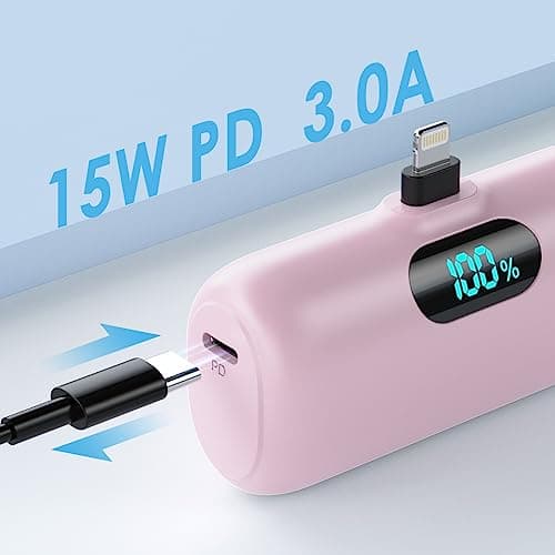 5000mAh Mini Power Bank for iPhone, Upgraded 15W PD Fast Charging Portable Charger, LCD Display 3.0A Small Battery Pack Compatible with iPhone 14/14 Pro Max/13/13 Pro Max/12/11/XR/X/8/7/6 etc-Pink — view 5