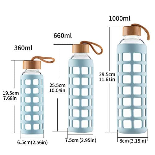 Cleesmil Sports Glass Water Bottle with Silicone Sleeve with Bamboo Lid BPA Free 360 ml (Light Blue) — view 3