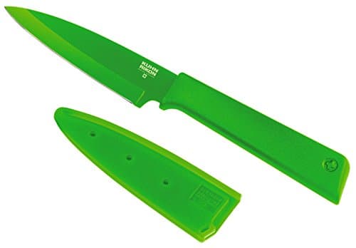Kuhn Rikon Paring Knife for Fruit, Vegetables and Cheese, Japanese Stainless Steel Blade with Non-Stick Coating, Secure Grip Handle, Finger Guard and Safety Sheath, Green - Colori+