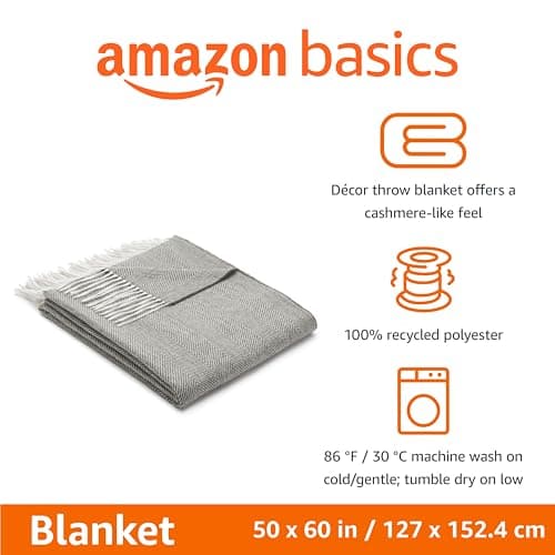 Amazon Basics Lightweight Recycled Polyester Sofa Throw Blanket, Bed Throw for Room Décor, 127 x 152 cm, Dark Grey and Light Grey Herringbone — view 2