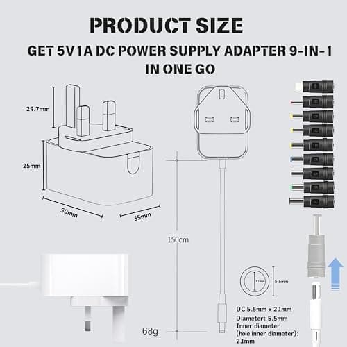 5V1A DC Power Supply Adapter 9-in-1 Compatible with Babysense HDS2, HelloBaby HB66 HB50, Vtech Baby Monitor VM5463 VM5463-2, Sky Puck Stream Hub Universal Replacement AC Power Supply Charging Cord — view 3