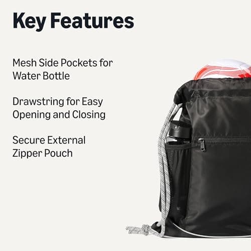 Amazon Basics Drawstring Lightweight Gym Bag Soccer Backpack, Large, Black — view 2