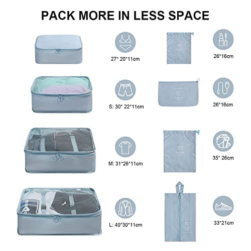 OSDUE Packing Cubes for Suitcase, 8 PCS Travel Organiser Packing Bags Lightweight Waterproof Luggage Packing Organizers for Clothes Shoes, Travel Accessories, Lake Blue — view 2