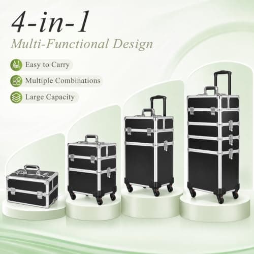 4-in-1 Rolling Makeup Train Case on Wheels, Large Cosmetic Organizer Trolley with 360° Silent Brake Wheels & Reinforced Metal Latches, Cosmetology Travel Case for Salon Nail Artist Hairstylist — view 5