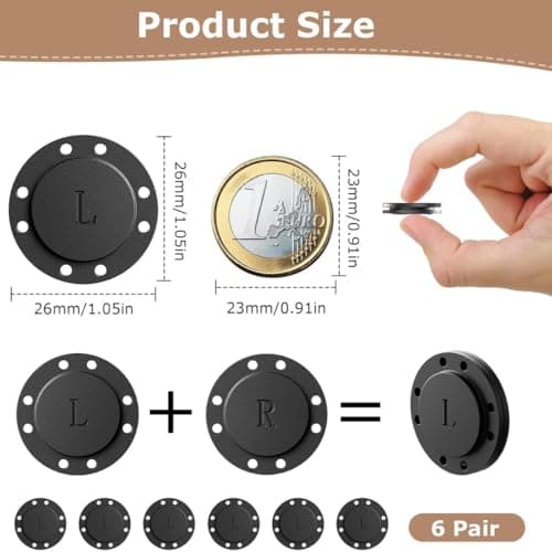 Magnetic Buttons,6 Pairs 26 mm Magnetic Press Studs for Sewing,Magnetic Closures for Clothing, Bags & Pockets. Large Snap Fasteners in Classic Black for Easy and Strong Garment & Accessory Closures — view 2