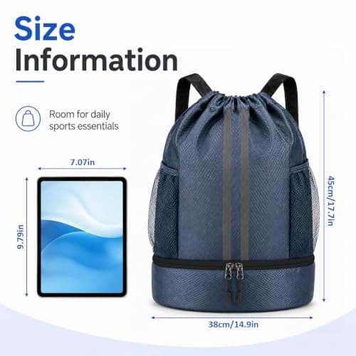 Waterproof Drawstring Bag, PE Kit Bag with Shoe Compartment Navy Blue — view 2