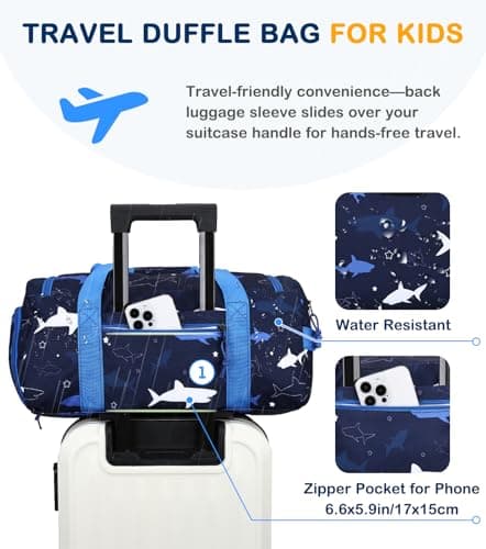 Overnight Bag for Kids, VASCHY Large Capacity Travel Duffle Bag for Boys Lightweight Holdall Gym Bag Weekender Bag with Shoes and Seperated Dry Wet Compartment for School, Dance, Sport（Blue Sharks） — view 5
