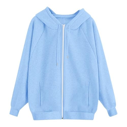 Oversized Hoodie Zip Up Hoodies for Women Uk Y2K Oversized Airplane Travel Hoodie Ladies Long Sleeve Hooded Sweatshirts Pockets Baggy Lined Comfortable Warm Preppy Style Plain Loose Hoody Light Blue — view 4