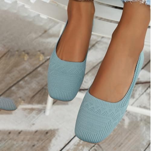 Women's Ballet Flats, Slip On Dressy Knit Flats Lightweight Breathable Round Toe Shoes Wide Toe Box for Women with Arch Support, Comfortable Travel Work Business Office Shoes Size 7 Sky Blue — view 2