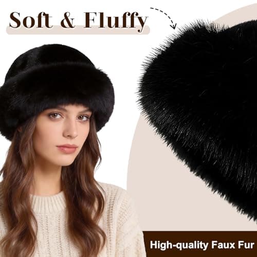Faux Fur Bucket Hat for Women, Russian Style Winter Fluffy Fuzzy Ladies Hats Travel Hiking Work Home, Chapeau Fourrure Femme Winter Fashion Gift (Black) — view 3